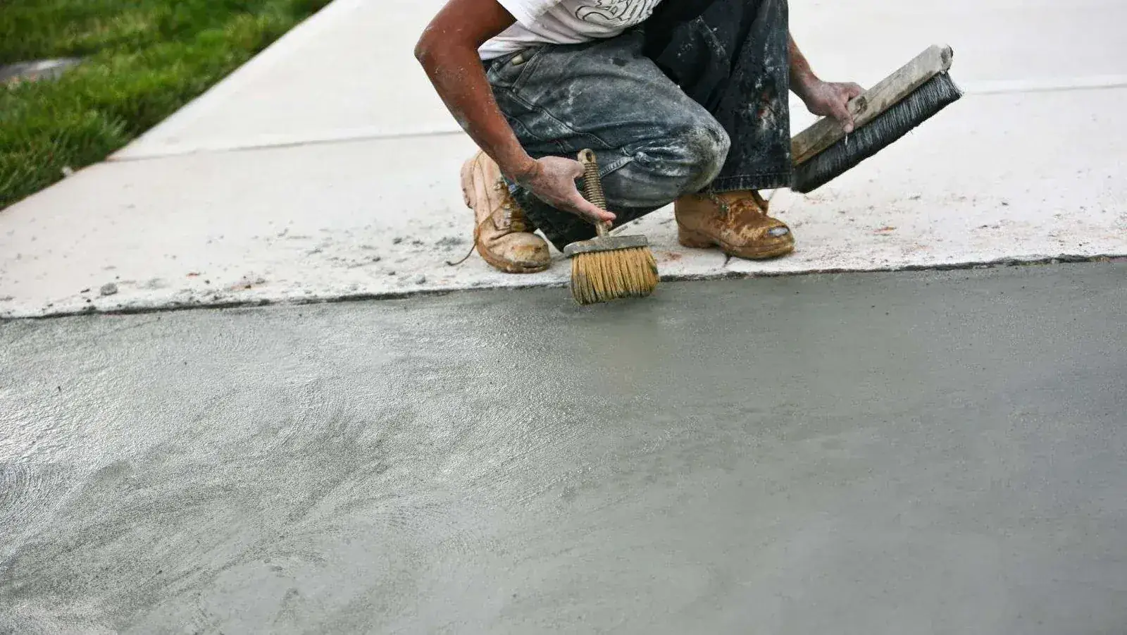 Technician injecting polyurethane foam through a port drilled in a settled concrete slab