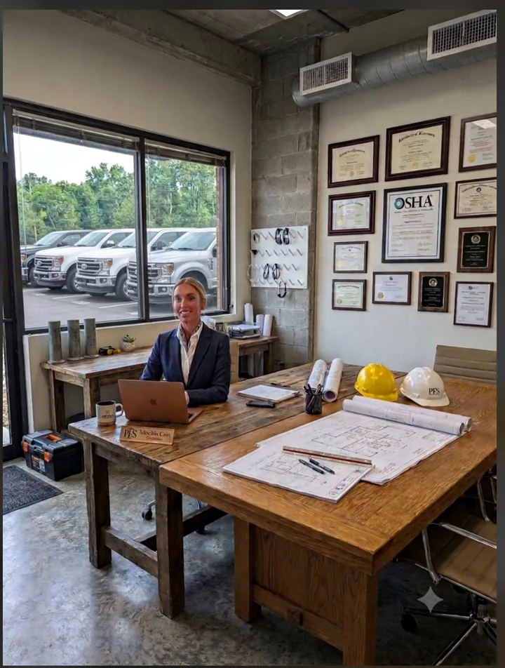 Mischia Cain, Chief Executive Officer and President of Precision Foundation Specialists, at her desk with project blueprints and framed certifications